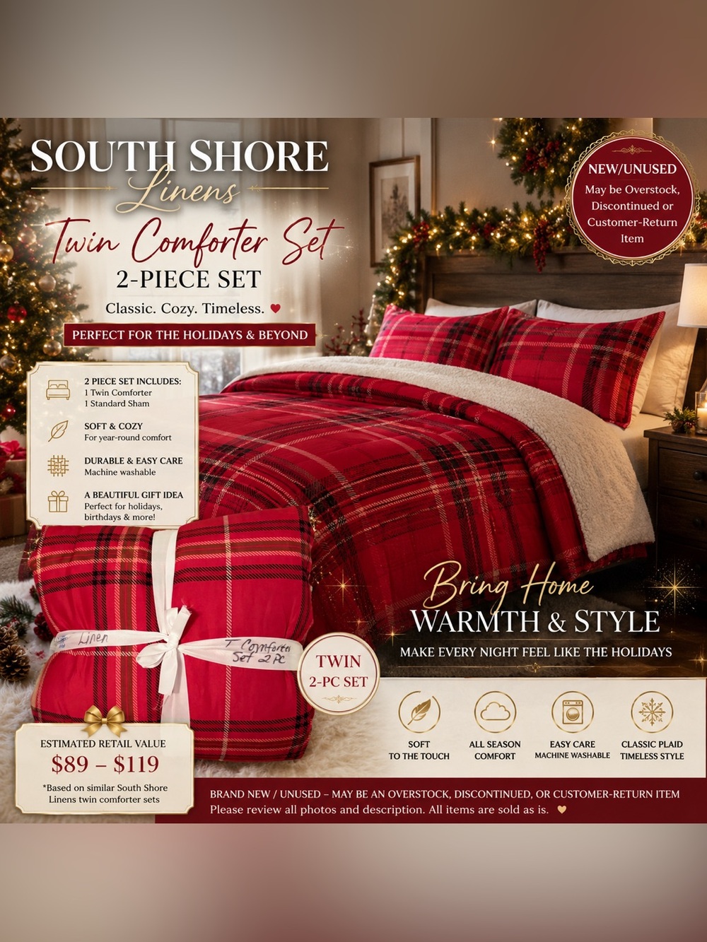 SouthShore Fine Linens Vilano Red Plaid Twin/Twin XL 2-PC Comforter Set NWT